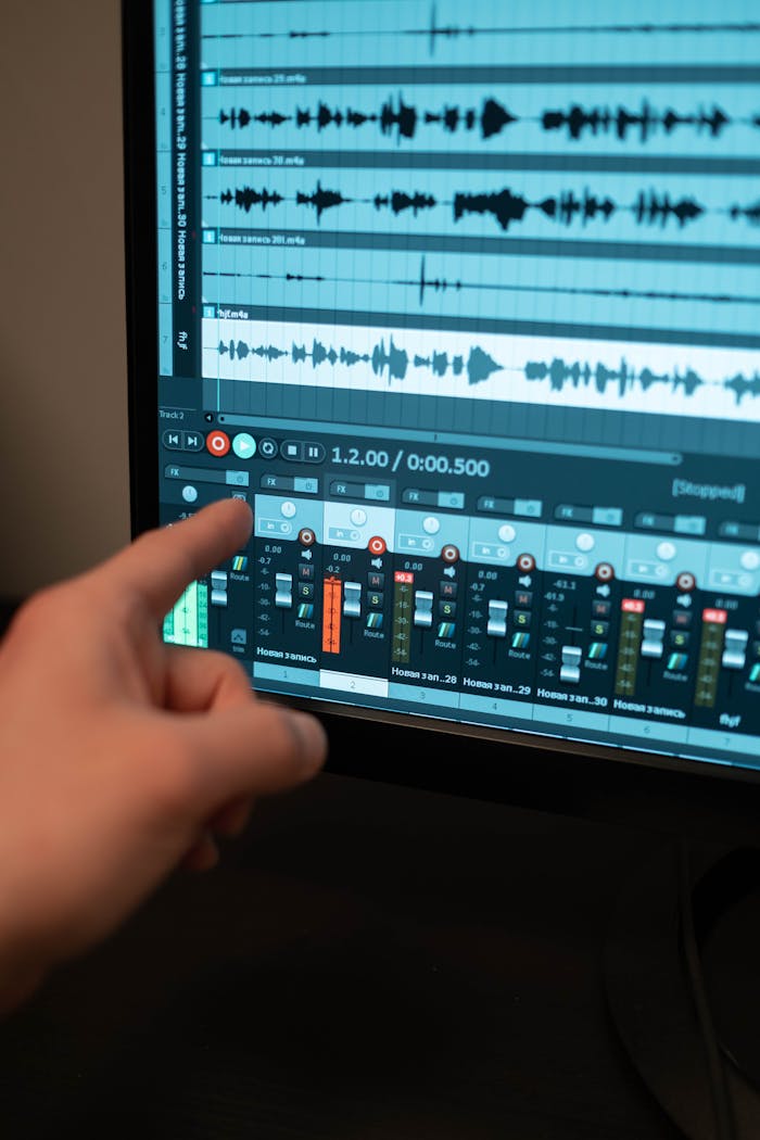 Close-up of a hand pointing at audio editing software on a monitor in a recording studio.